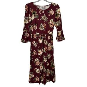 Gilli Dress Floral Burgundy & Green Soft Jersey Material Bell Sleeves Size S